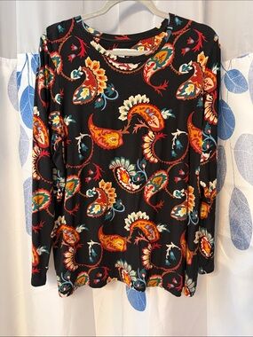 Chico's Black Paisley-Print Long Sleeve Top with Multicolor Accents